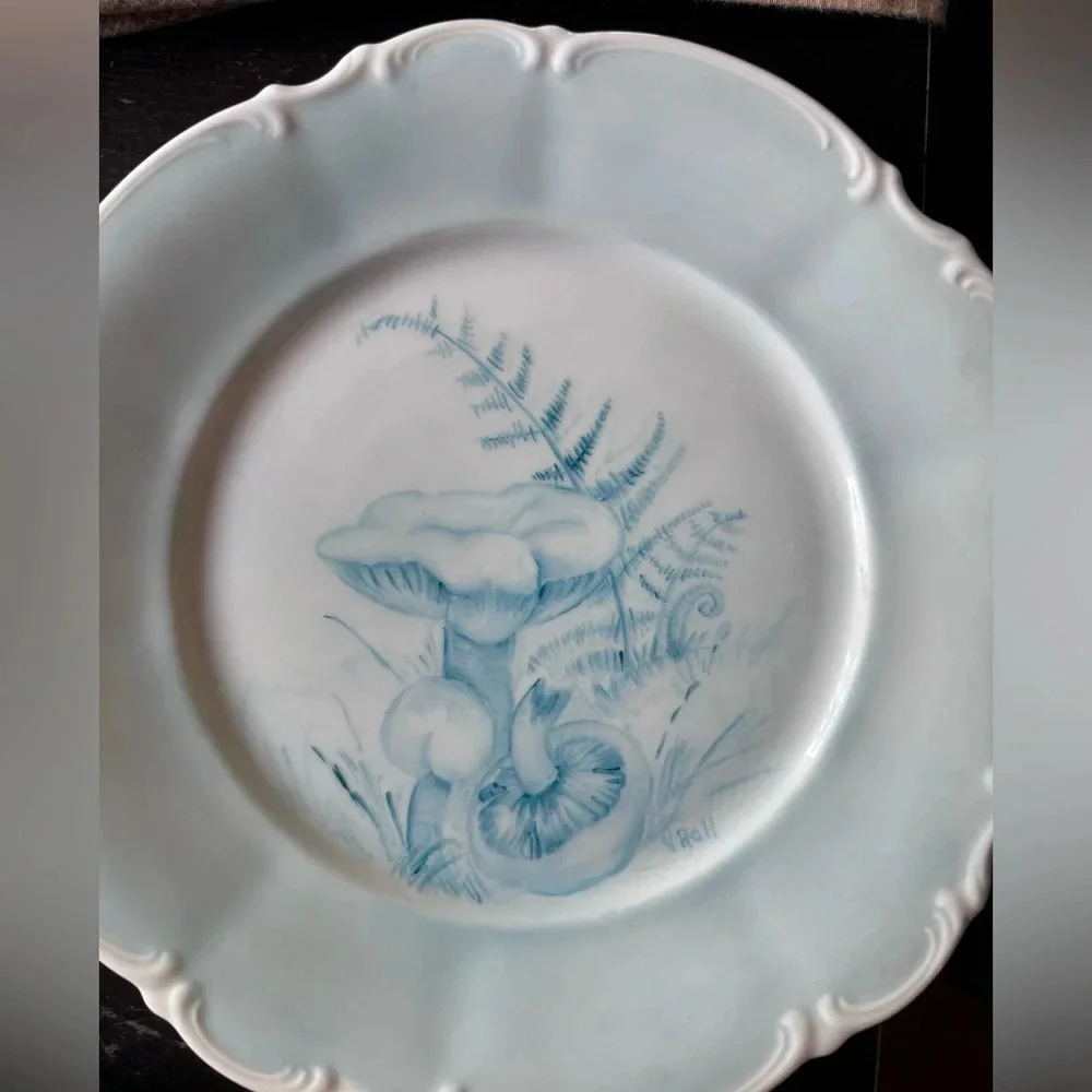 3 vintage hand painted whimsical mushroom dinner plates 10 inch blue Germany